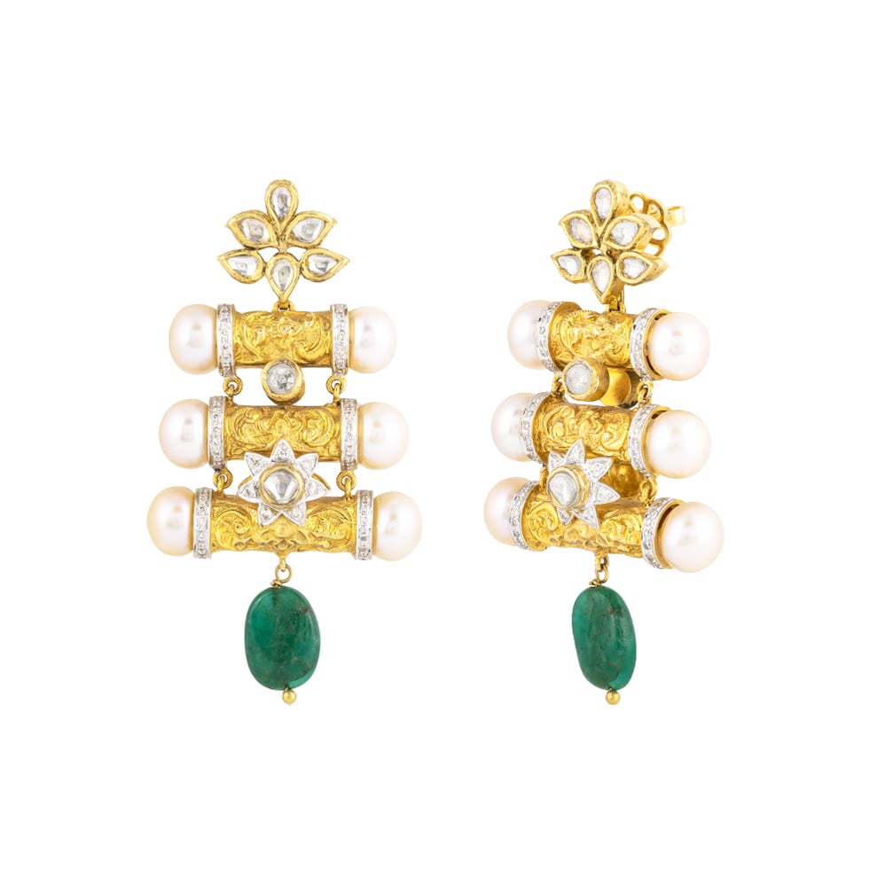 Floral Enamel Pendant Set with Pearls & Emerald Drops